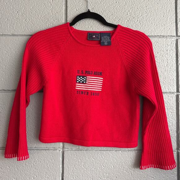 Vintage Y2K Polo Ralph Lauren Cropped Crewneck Flag Cotton Sweater sz S Preppy - Picture 1 of 3